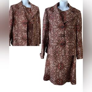 Peck & Peck Weekend 2pc Linen Blazer Jacket Dress Cap Sleeve Brown Pattern Sz 12